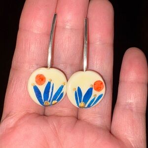 Handcrafted Floral Enamel Earrings in Blue and Orange 925